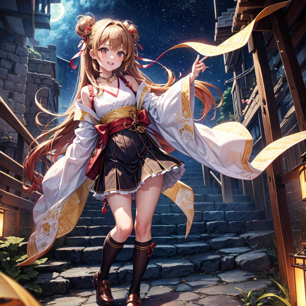 Red, brown, gold, gold hair、Golden Eyes、Hair tied up、One good looking girl、solo、anime、Checkered mini skirt、Ruffles on the skirt、Checked dress、blouse、Kimono、Black knee-high socks、Ribbon、Ribbon on waist、Teeth are visible、Sparkly Necklace、From above、Cobblestones、waterfall、Starry Sky、Midnight Moon、suspension bridge、beam、Standing still、Transparent、Dragon flying、goddess、Edo,