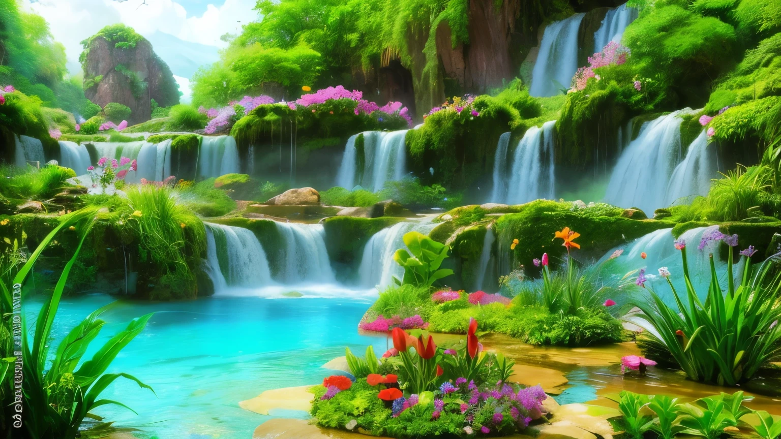 a painting of a waterfall with flowers and plants in the foreground, flowers and waterfalls, peaceful beautiful waterfall, beautiful stunning waterfall, beautiful waterfall, stunning waterfall, natural landscape beauty, beautiful nature, nature wallpaper, waterfall(beautiful, beautiful scenic landscape, waterfalls, waterfall background, floating waterfalls, really beautiful nature, cascading waterfalls, beautiful natural background, very beautiful scenery