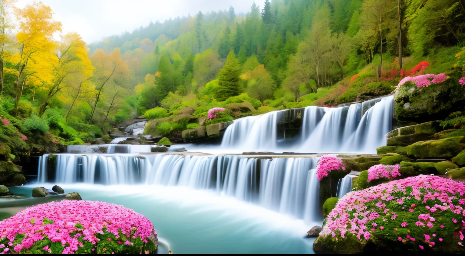 a painting of a cascade with pink flowers and green leaves on the winter with snow white, flowers and cascades, peaceful beau cascade, beau wallpaper, beau stunning cascade, very beau photo, fond d&#39;écran incroyable, beau cascade, cascade background, pink cascades, fond d&#39;écran HD, beaux arrière-plans, cascade(beau, fond d&#39;écran naturel, stunning cascade, fond incroyable, fond d&#39;écran nature animé, beau nature, with trees and cascades
