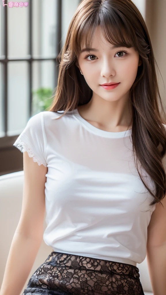 Mature Young,White T-shirt,Black lace skirt,very cute,indoor,whole body,Beautiful and soft skin、Perfect Face、Perfect Face,Gorgeous long brown hair,8K resolution,Ultra-realistic,Very detailed,high quality,Fashionable erotic beautiful immature woman ,(Look at the viewers)