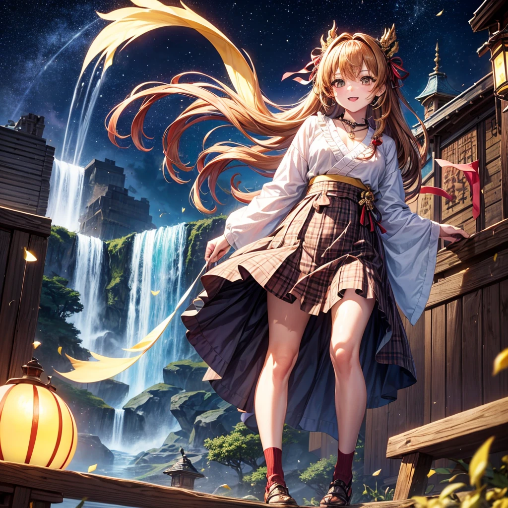 Red, brown, gold, gold hair、Golden Eyes、Hair tied up、One good looking girl、solo、anime、Checkered mini skirt、Ruffles on the skirt、Checked dress、blouse、Kimono、Black knee-high socks、Ribbon、Ribbon on waist、Teeth are visible、Sparkly Necklace、From above、Cobblestones、waterfall、Starry Sky、Midnight Moon、suspension bridge、beam、Standing still、Transparent、Dragon flying、goddess、Edo、Confetti
