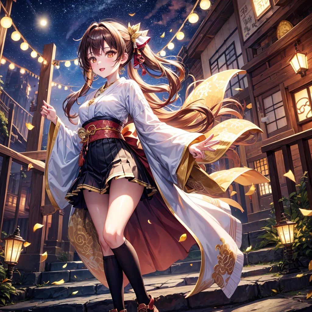 Red, brown, gold, gold hair、Golden Eyes、Hair tied up、One good looking girl、solo、anime、Checkered mini skirt、Ruffles on the skirt、Checked dress、blouse、Kimono、Black knee-high socks、Ribbon、Ribbon on waist、Teeth are visible、Sparkly Necklace、From above、Cobblestones、waterfall、Starry Sky、Midnight Moon、suspension bridge、beam、Standing still、Transparent、Dragon flying、goddess、Edo、Confetti