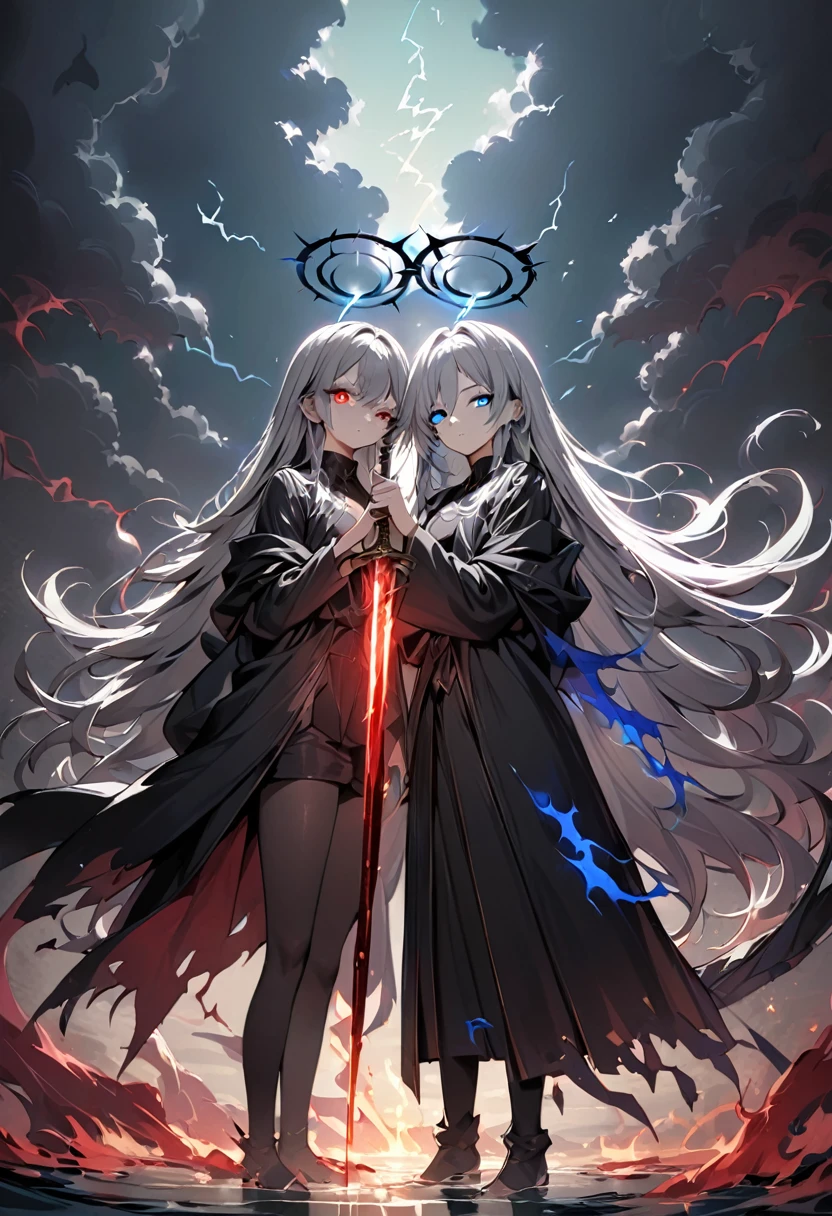 elementary, Shadow Surrounding Girl, lightning, Green Aura, Red aura, Purple aura, Flames surrounding the girl, masterpiece, Dark Theme, Highest quality, Maximum details, Very fine eye, Professional coloring, cinematic lightning, Remaining, Written boundary depth, Backlight, One Girl, Young girl, Silver Hair, Long Hair, Black glowing halo, Shining blue sea, Blue Flame, Fantasy style costumes, Black long coat, shirt, Black trousers, Swinging a thin black long sword, Expressionless, Purple left eye and blue right eye, Odd Eye, Glowing Eyes