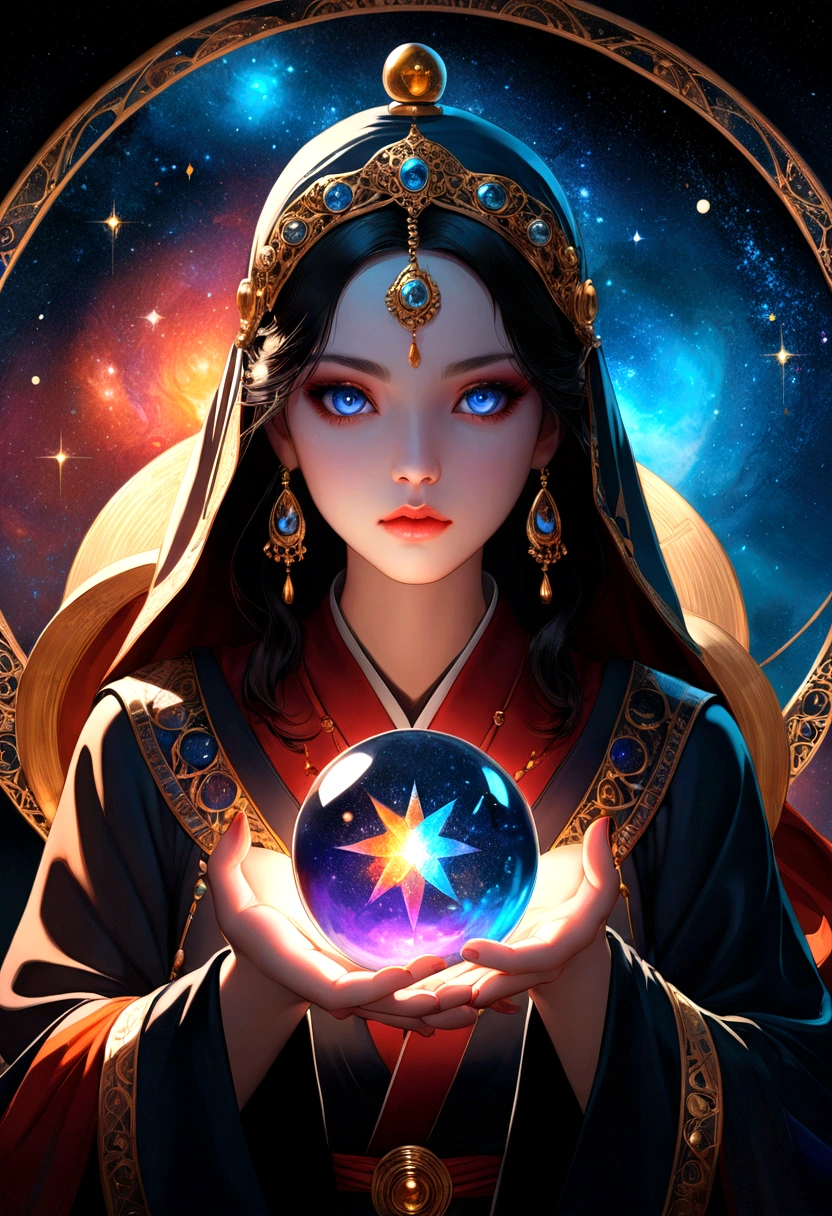 1girl, Astrologer, A beautiful astrologer woman, detailed intricate face, piercing eyes, full lips, long eyelashes, elegant mystical expression, flowing robe, holding crystal ball, starry cosmic background, dramatic lighting, digital art, highly detailed, 8K, masterpiece, best quality, very aesthetic, absurdres
