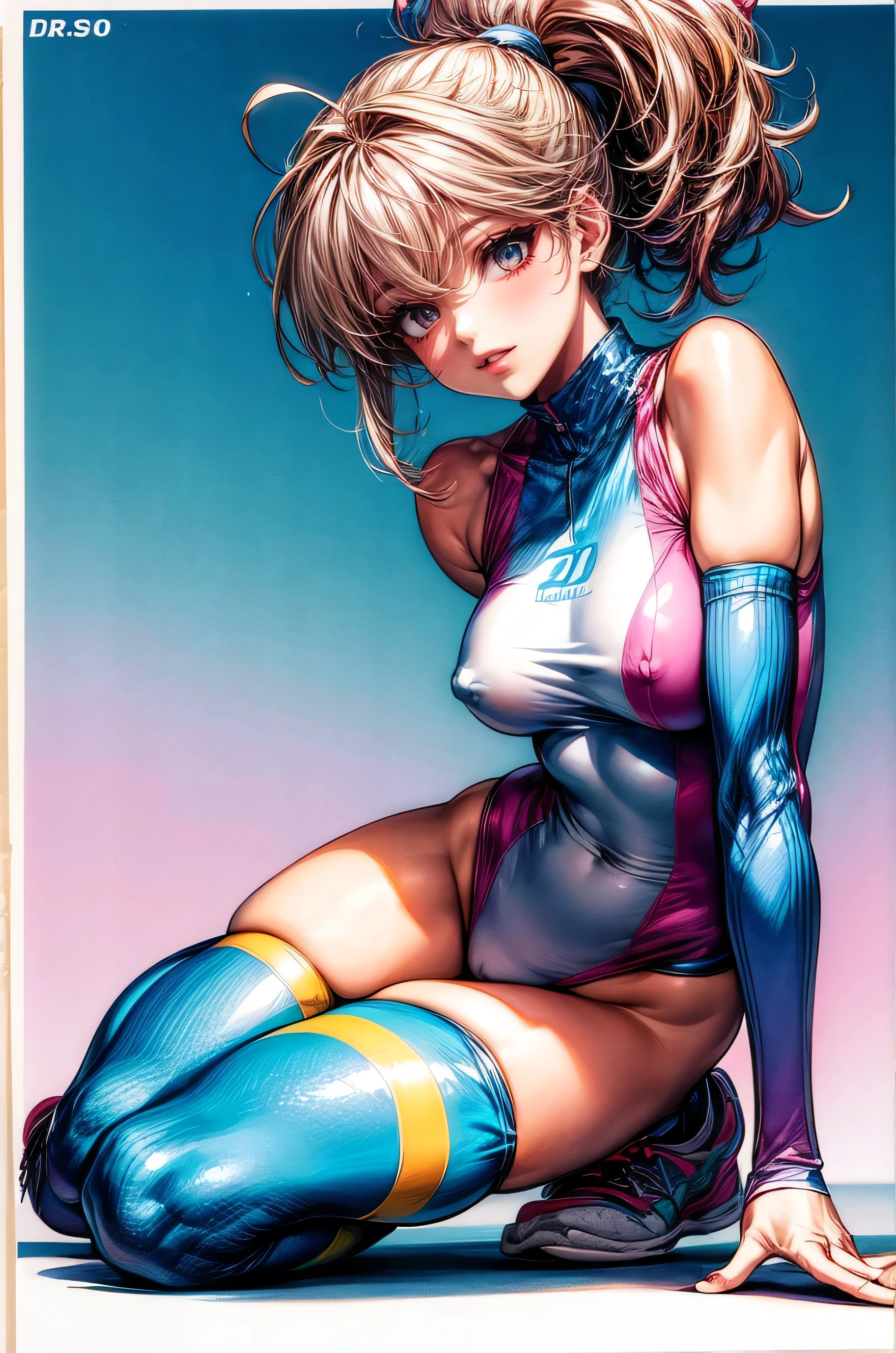 80s aerobics style、High leg leotard、Colored tights、loose socks、sneakers、Detailed picture、girl、25-year-old woman、Dynamic and lively pose、Crotch line、Erect nipples