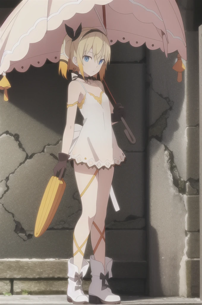 ((masterpiece)),((Highest quality)),Very detailed,Raise awareness,Explicit,beautiful body,beautiful Nose,beautiful character design,Perfect Eyes,Perfect Face,wallpaper,Ultra-high resolution,4K,photograph,(beautiful,Small breasts:1.2),(beautiful顔:1.2),beautiful足,Perfect Legs,Shiny skin,Official Style,Browsing Caution,Official Art,Create a screen capture,Anime Coloring,
One Girl,alone,umbrella,blonde,short hair,choker,Side Ponytail,ribbon,blue eyes,black choker,gloves,leg ribbon,片手gloves,hair band,whole body,hair ribbon,dress,View your audience,tress ribbon,boots,Are standing,white dress,skirt,clavicle,Beach,Outdoor,Day,