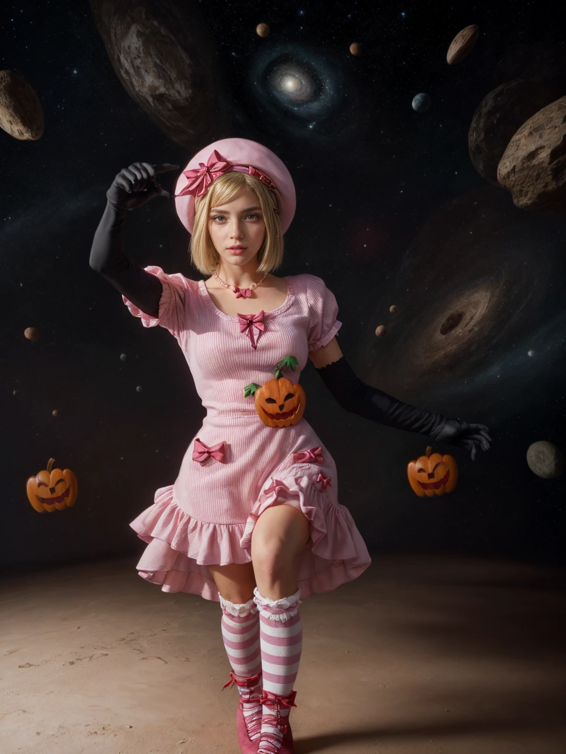 (1 lady), The beautiful, (Best quality at best:1.4), (ultra - detailed), (extremely detailed CG unified 16k), gold blonde hair, very detailed, High-definition RAW color photo, professional photoshooting, amazing face and eyes, cosmetics, (amazingly beautiful girl), ((lambdadelta, taller, tall woman)), ((dress, shoes bow, red shoes, striped stockings, red bow, pink hat, necklace, gloves, pearl, pumpkin brooch, pink dress)), levitating in a cute posture (floating in the air), (She's levitating in a cosmic sea, outer space:1.3, quantum hyperspace room lacking walls, hyperspace chamber, extremely detailed background, a lot of details background, realistic background), (look from above), realistic cinematic face, head to feet long wide zoomed out view, full body long view, photorealistic, ((realistic natural blonde hair style, red eyes)), gorgeous, extremely beautiful face, perfect model beauty, pout mouth, Highly Detailed Face and Skin Texture, Detailed Eyes, Double Eyelids, Big Breasts, Persistent Stare, Faith Trance, (mystical stare, looking eternity), (masterpiece), best quality, high resolution, depth of field, cinematic lighting, amazing legs, pink combat boots, clear and well-cared skin