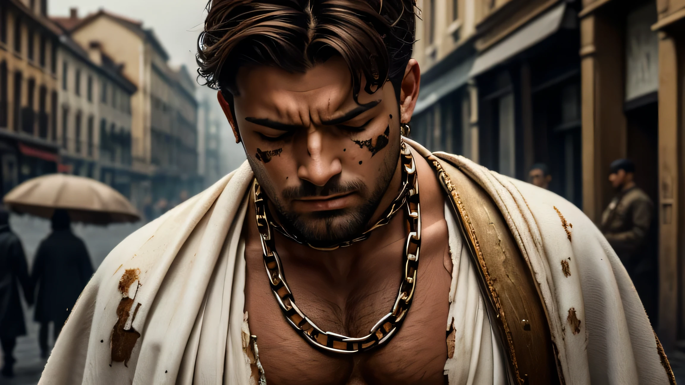 (masterpiece, best quality), Intricate details, 8K, Art Station, wallpaper, Official Art, Ink Art, Clear focus, Vintage oil painting, Fantasy style, A stocky man with short brown hair and brown eyes, He was in shackles., There are chains around the neck, Soldiers walked him through the streets of Europe, holding a chain around his neck. He was wearing a dirty and torn white robe., He had marks of torture on his face and body.. There are many people watching on both sides of the street.. The gray sky darkens the scene., Cast a deep shadow. The young man looked sad and desperate., With humiliation and anger, With eyes closed