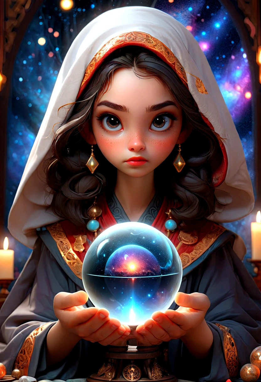1girl, Astrologer, A beautiful astrologer woman, detailed intricate face, piercing eyes, full lips, long eyelashes, elegant mystical expression, flowing robe, holding crystal ball, starry cosmic background, dramatic lighting, digital art, highly detailed, 8K, masterpiece, best quality, very aesthetic, absurdres