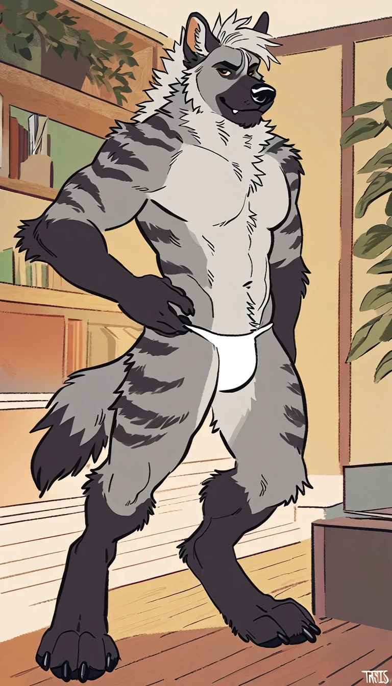 solo, male, anthro (striped hyena), by tritscrits, (by botch:0.7), digitigrade, digital artwork, (flat colors:1.3), striped hyena tail, mature male, sexy, ((detailed background)), athletic, gray fur, looking at camera,