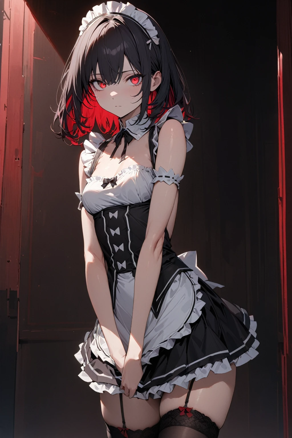 masterpiece, best quality, extremely detailed face, extremely detailed,
sexy girl, solo, black hair, (red inner hair:1.1), medium hair, red eyes, bright eyes, maid uniform, white high neck collar, sleeveless, mini skirt, garter rings, black tights, expressionless, perfect lighting