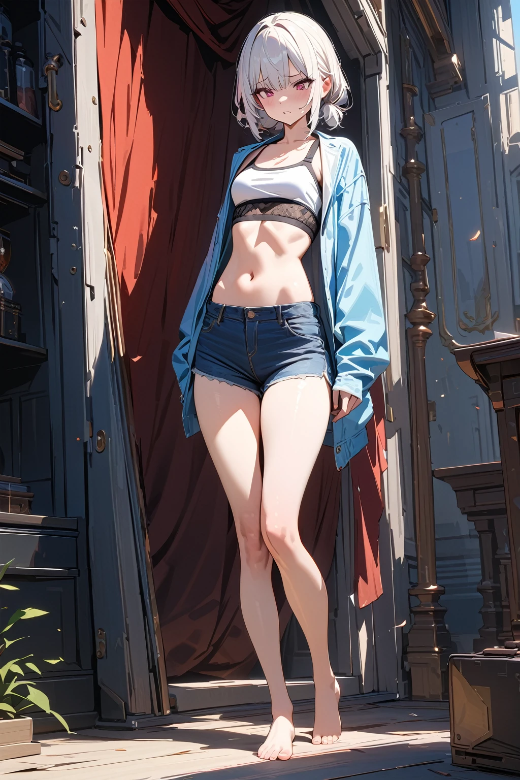 (masterpiece, best quality:1.5), (ultra detailed, high resolution, 8k, beautiful detailed, UHD, best anatomy), white hair, small breasts, 1 girl, barefoot, mirage, Wandering in a mirage, open clothes, crop top, troubled expression, Impatient expression