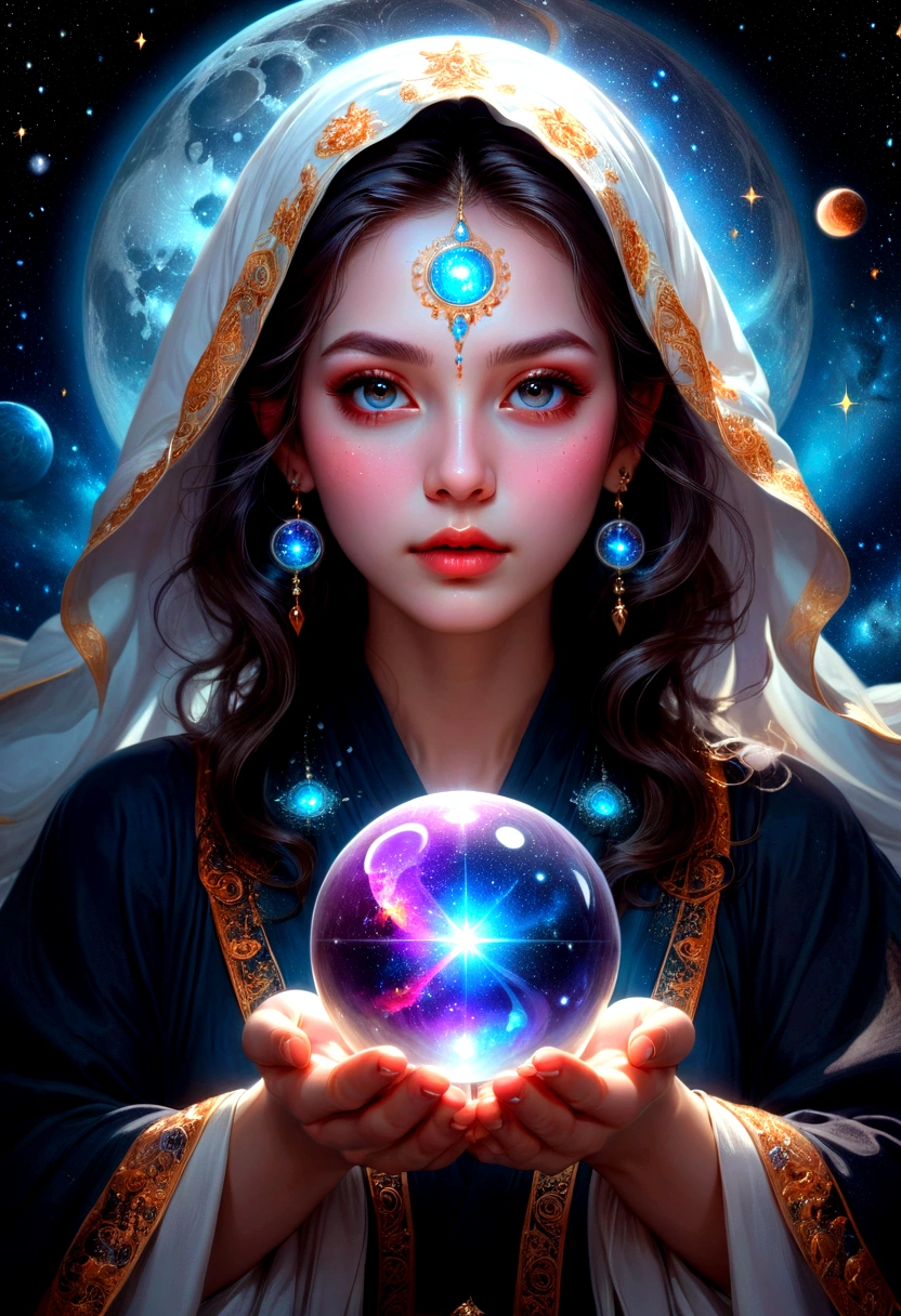 1girl, Astrologer, A beautiful astrologer woman, detailed intricate face, piercing eyes, full lips, long eyelashes, elegant mystical expression, flowing robe, holding crystal ball, starry cosmic background, dramatic lighting, digital art, highly detailed, 8K, masterpiece, best quality, very aesthetic, absurdres