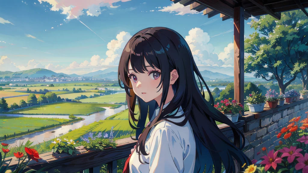 masterpiece,Highest quality,One Girl,The hair color is brown, Eye color: black, Kind eyes,Gradient Hair,countryside,Cityscape,sunlight,Flowers and plants,blue sky,scenery,afternoon,Light Perception,Soft sunlight,