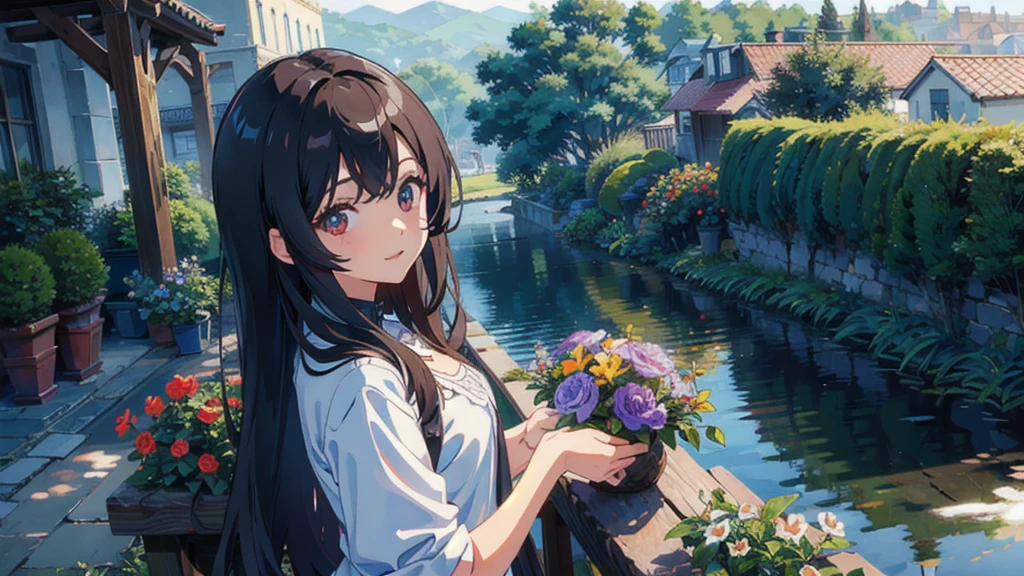 masterpiece,Highest quality,One Girl,The hair color is brown, Eye color: black, Kind eyes,Gradient Hair,countryside,Cityscape,sunlight,Flowers and plants,blue sky,scenery,afternoon,Light Perception,Soft sunlight,