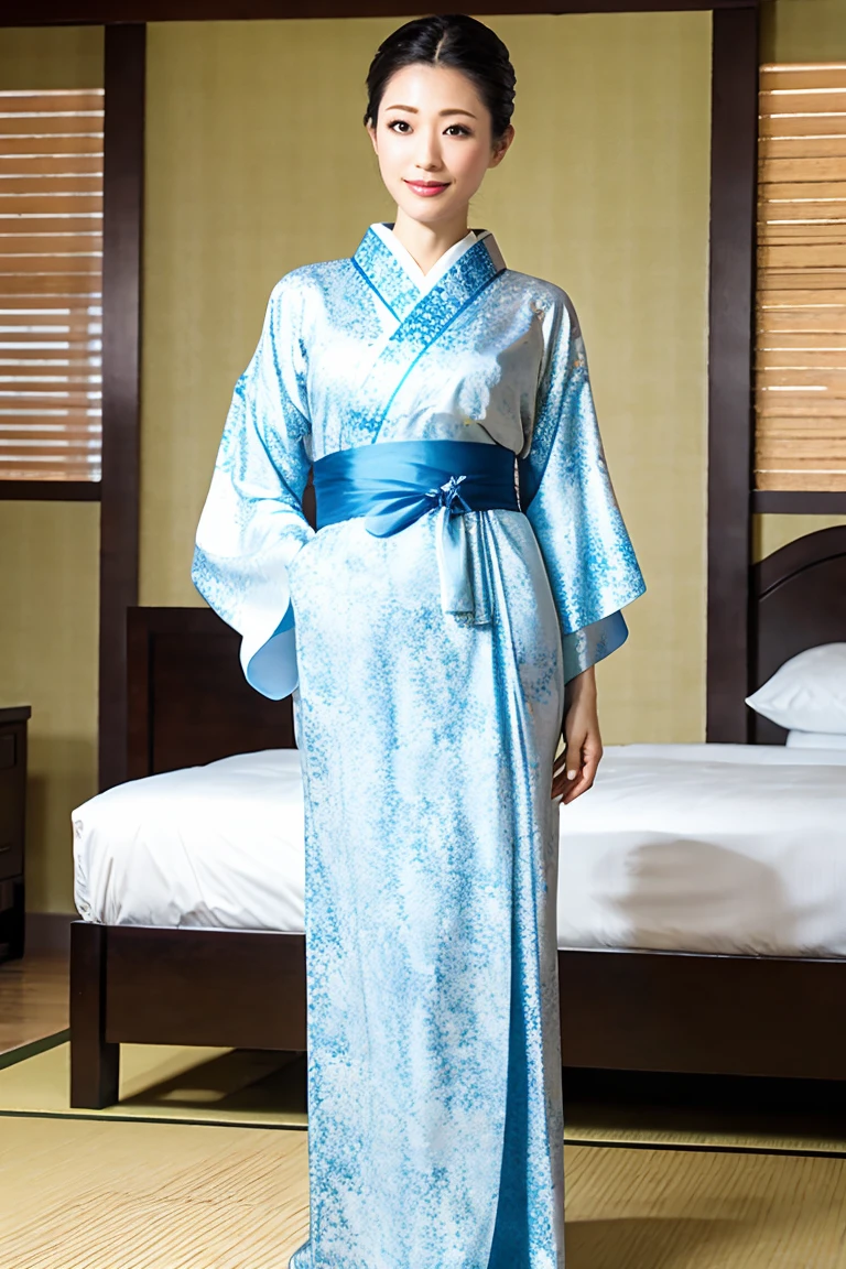 (Highest quality、Tabletop、8K、Best image quality、Award-winning works)、(1 Beautiful Mature Woman:1.1)、(Innkeeper:1.1)、(Elegant floral kimono:1.2)、(A kimono with a perfect and accurate collar:1.2)、Perfect Mature Woman Portrait Photo、Glowing Skin、Standing Elegantly、Glowing White Skin、Very white skin、(Accentuate your body lines:1.1)、(The most elegant posture:1.2)、(Large Breasts:1.2)、(Chignon:1.2)、(Accurate anatomy:1.2)、(Staring at me:1.5)、(Standing elegantly in a bedroom at a luxury inn:1.4)