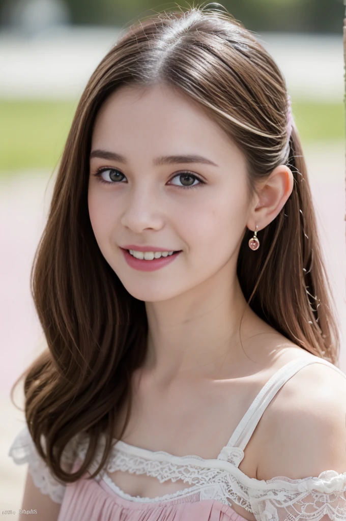 Masterpiece, Best quality, 8k, 18 ans, Photo brute, absurdes, Award-winning portrait, sourire, sourire, pure, french, simple vibrant pink dress, spring, orchard in bloom, laces, famous singer, cute, cherry lips, earrings, long hair, in love, Intelligent, Island, Shakespeare