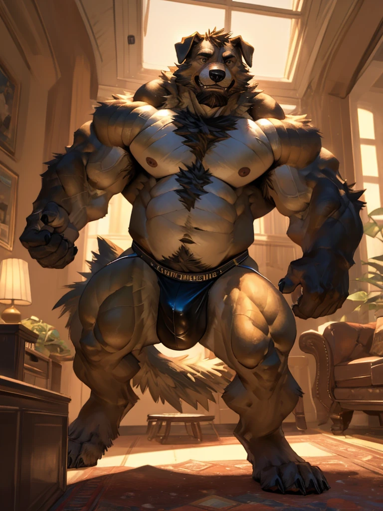 By Taran fiddler, a picture of an adult male, furry canine (golden retriever), black color jockstrap, golden retriever, dilf, rugged features, stubble beard, slight wrinkles on face, smiling, one man, naked, a naked golden retriever anthro taking off his jackstrap and showing his dick, cock and balls showing, flaccid penis, knot, completely naked, jockstrap falling down legs, one hand doing thumbs up, winking, facing viewer, plain living room in background, modern living room background, muted lighting, dynamic angle, dynamic posing, extreme close-up, zoomed in on crotch