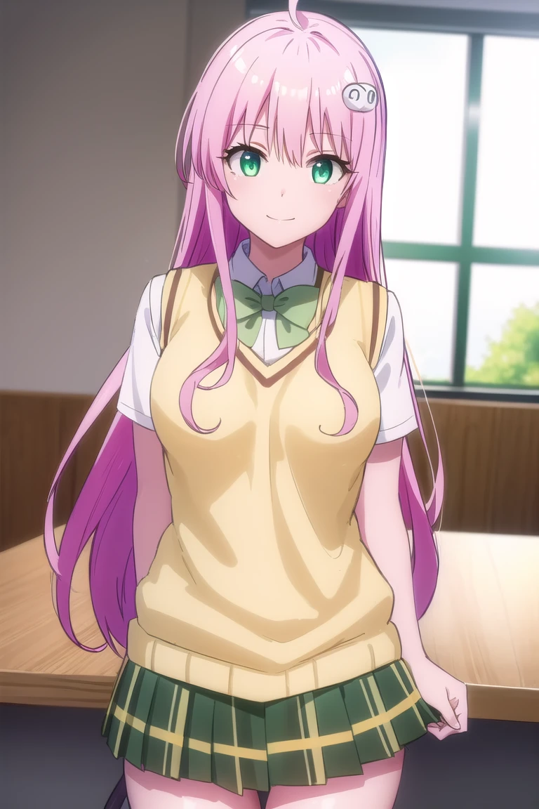 laladevilluke, lala deviluke, long hair, pink hair, tail, ahoge, bangs, hair ornament, (green eyes:1.5), smile,showing panties,
BREAK demon tail, green skirt, plaid, plaid skirt, sainan high , , skirt, sweater vest, thighhighs, (yellow sweater:1.5), short sleeves, bow, (green bow:1.5)
BREAK indoors, classroom,
BREAK looking at viewer, (cowboy shot:1.5),
BREAK (masterpiece:1.2), best quality, high resolution, unity 8k wallpaper, (illustration:0.8), (beautiful detailed eyes:1.6), extremely detailed face, perfect lighting, extremely detailed CG, (perfect hands, perfect anatomy),