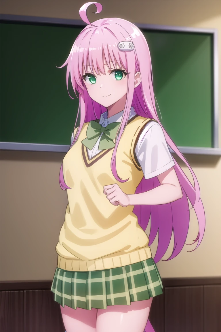 laladevilluke, lala deviluke, long hair, pink hair, tail, ahoge, bangs, hair ornament, (green eyes:1.5), smile,showing panties,
BREAK demon tail, green skirt, plaid, plaid skirt, sainan high , , skirt, sweater vest, thighhighs, (yellow sweater:1.5), short sleeves, bow, (green bow:1.5)
BREAK indoors, classroom,
BREAK looking at viewer, (cowboy shot:1.5),
BREAK (masterpiece:1.2), best quality, high resolution, unity 8k wallpaper, (illustration:0.8), (beautiful detailed eyes:1.6), extremely detailed face, perfect lighting, extremely detailed CG, (perfect hands, perfect anatomy),