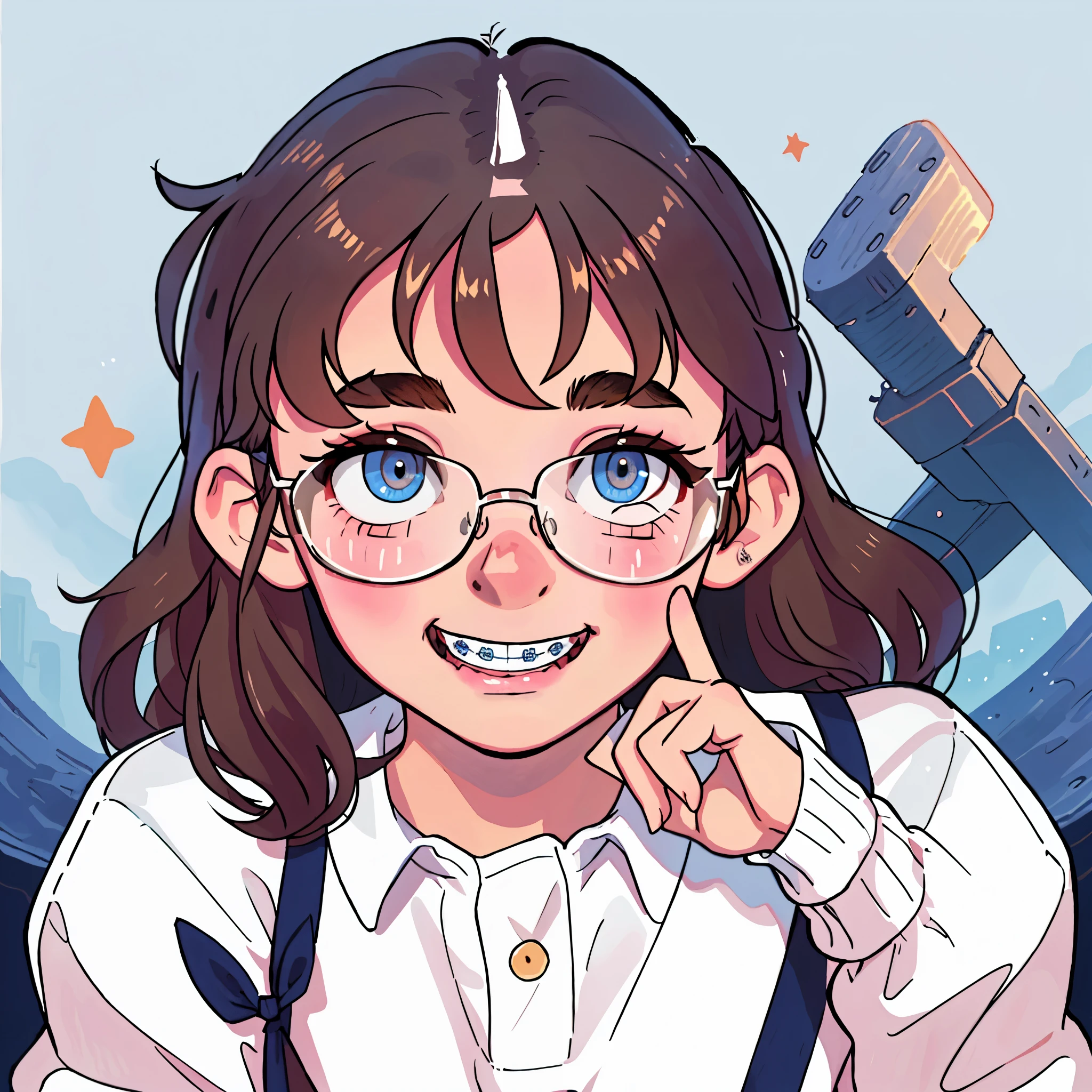 1girl, seductive eyes, braces, glasses, smiling, cute, face focus, blue eyes, blush, brown hair, best quality, masterpiece, highres, nagatoro