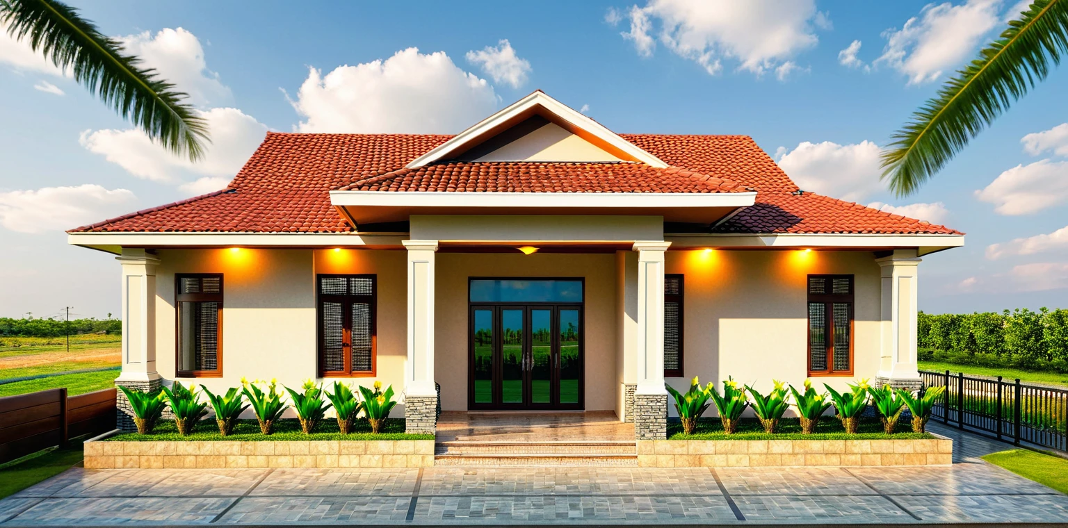 1-STORY HOUSE, COVERED ROOF, TROPICAL ARCHITECTURAL STYLE, LIGHT AFTERNOON SUN, SEE THE INTERIOR OF THE HOUSE, LIGHTS ON IN THE INTERIOR, SURROUNDING THE COUNTRY SCENE. THE FRONT OF THERE IS A WIDE YARD AND MANY GREEN TREES. LIGHT COLOR WALLS OF THE HOUSE, STONE TAILING ON THE WALLS. RED TILE. DARK DOOR.
EXTRACT SUPER REALISTIC IMAGES, HD IMAGES