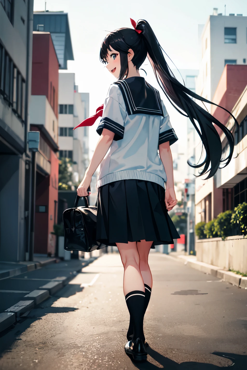 A cheerful anime girl with long, flowing black hair styled in a ponytail is walking home from school. She wears a sailor uniform.
