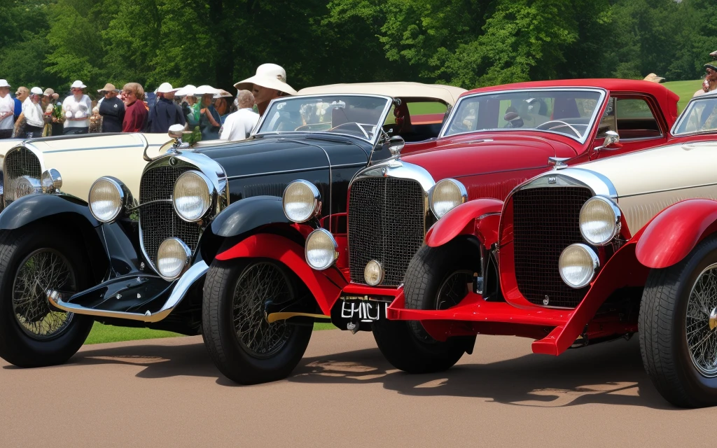 Create an image of several classic cars displayed in a concours d&#39;elegance in an elegant historic garden, rodeados de exuberantes paisajes y arquitectura impresionante. Enfoca los autos en el centro de la imagen, capturing its timeless beauty and the refined atmosphere of the event.