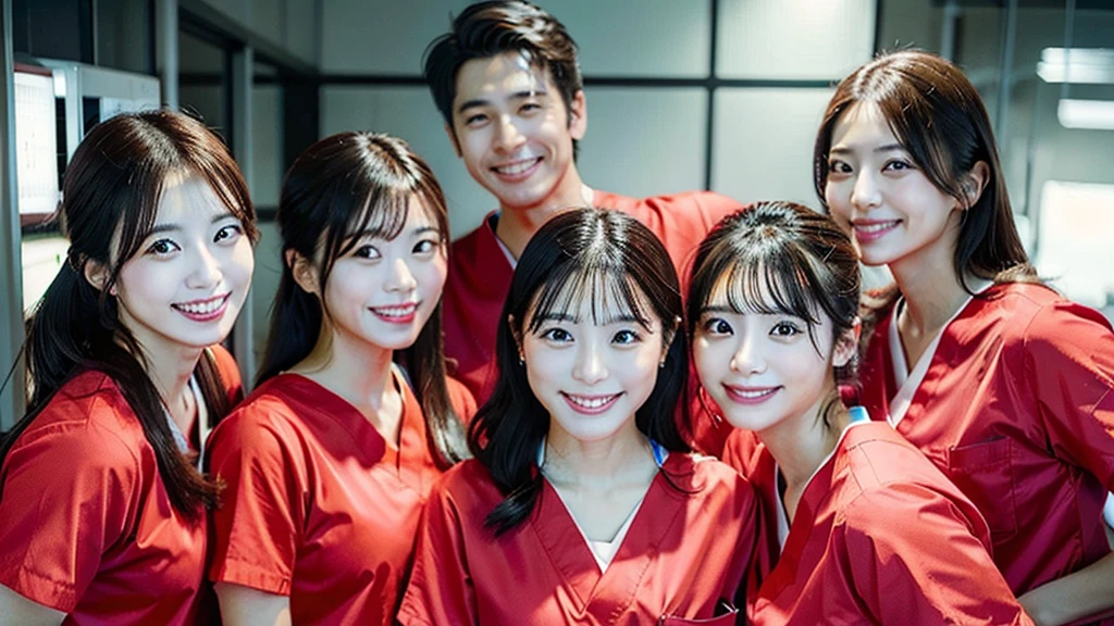 Dental hygienist woman Side by side, smiling, wearing fluorescent red medical scrubs, cute, Japanese, black hair, upper body up high resolution Highest quality and harmony々 Group photo Handsome Men and Beautiful Women Young