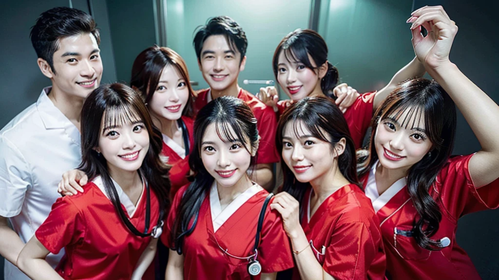 Dental hygienist woman Side by side, smiling, wearing fluorescent red medical scrubs, cute, Japanese, black hair, upper body up high resolution Highest quality and harmony々 Group photo Handsome Men and Beautiful Women Young