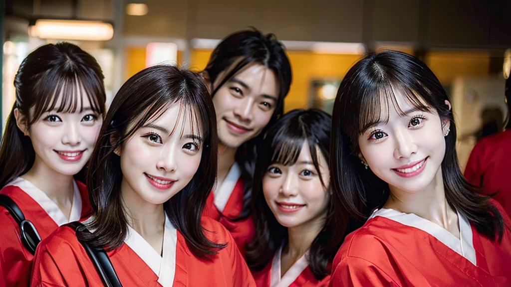 Dental hygienist woman　Side by side, smiling, wearing fluorescent red medical scrubs, cute, Japanese, black hair, upper body up　high resolution　Highest quality and harmony々　Group photo　Handsome Men and Beautiful Women　Young