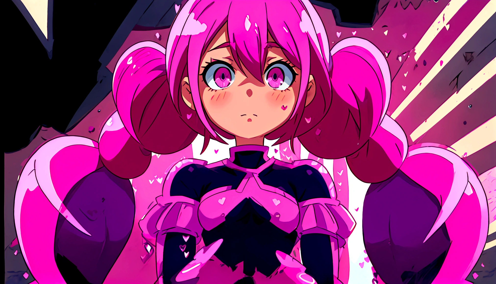 a close up of a person with pink hair and a purple outfit, anime girl named lucy, humanoid pink female squid girl, pink iconic character, shining pink armor, juri misaki, pink twintail hair and cyan eyes, misato katsuragi, black magician girl, streamlined pink armor, with pink hair