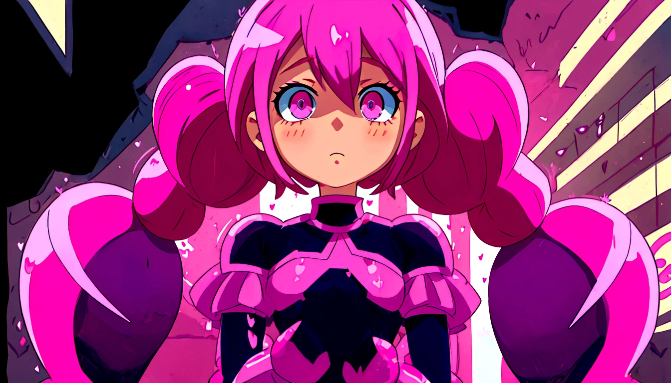 a close up of a person with pink hair and a purple outfit, anime girl named lucy, humanoid pink female squid girl, pink iconic character, shining pink armor, juri misaki, pink twintail hair and cyan eyes, misato katsuragi, black magician girl, streamlined pink armor, with pink hair