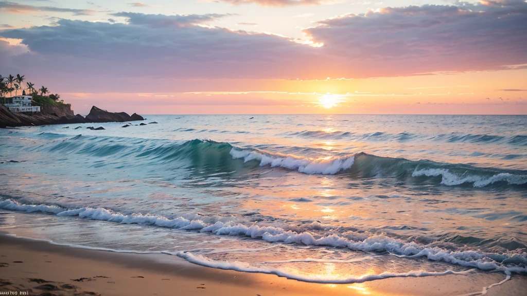 Sunset,A small wave is coming towards the beach, Photos inspired by Georg Friedrich Schmidt, shutter, art, early morning sunrise, Beach sunset, early morning, The picture shows the beach at sunset, Peaceful beach setting, Sunrise in the morning, Beach sunset背景, early morning, Prime hour in the morning, Beach sunset, early morning mood