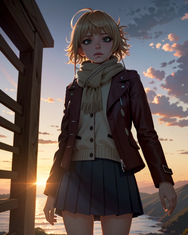 ((ultra detailed, masterpiece, absurdres))
 1girl, UDSam, solo, realistic, jacket, short hair, blonde hair, skirt, scarf, cinematic lighting, landscape, dawn