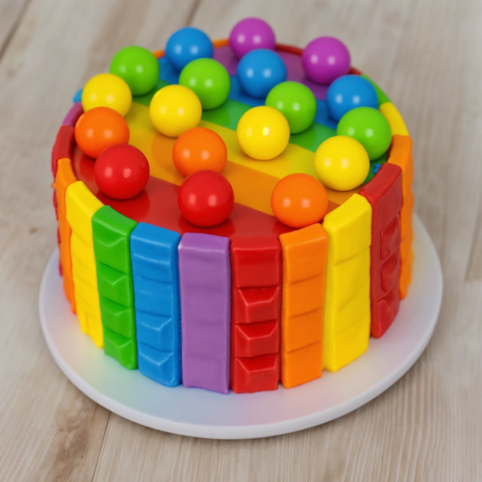 on a wooden table, cake on a white plate. rainbow chocolate bar cake, rainbow ganage on top, rainbow spheres made of polymer clay, Realistic style, realistic texture, detailed texture, bright lighting, Beautiful light from the window, high quality, A high resolution, macro photography, ultra hd 4k, Beautiful sunlight