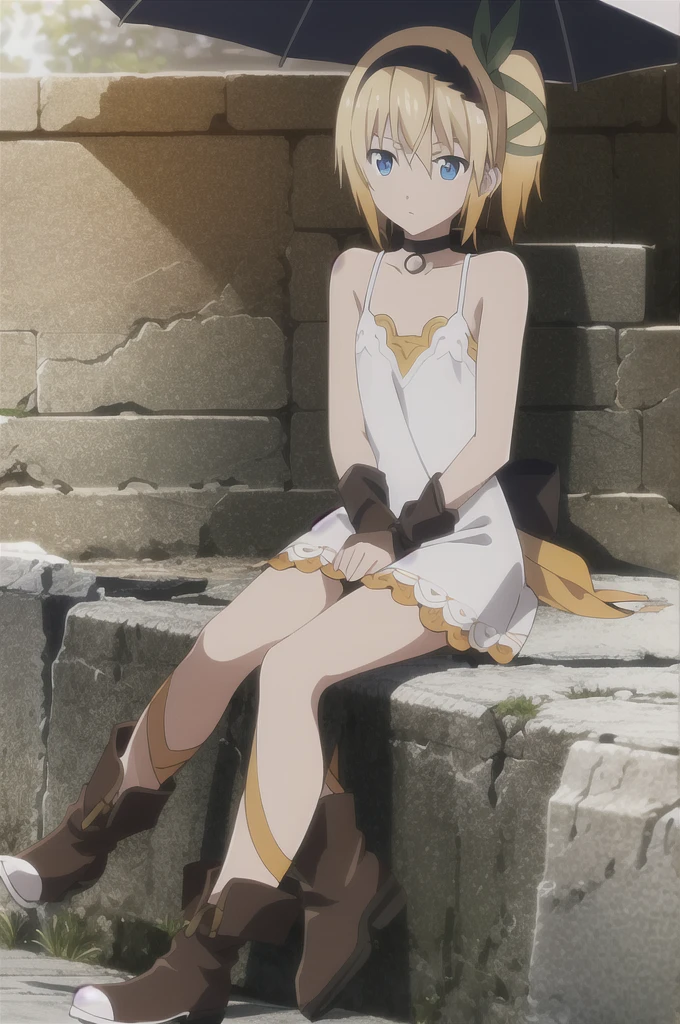 ((masterpiece)),((Highest quality)),Very detailed,Raise awareness,????????,beautiful body,beautiful Nose,beautiful character design,Perfect Eyes,Perfect Face,wallpaper,Ultra-high resolution,4K,photograph,(beautiful,Small breasts:1.2),(beautiful顔:1.2),beautiful足,Perfect Legs,Shiny skin,Official Style,Browsing Caution,Official Art,Create a screen capture,Anime Coloring,
One Girl,alone,umbrella,blonde,short hair,choker,Side Ponytail,ribbon,blue eyes,black choker,gloves,leg ribbon,片手gloves,hair band,whole body,hair ribbon,dress,View your audience,tress ribbon,boots,Are standing,white dress,skirt,clavicle,Beach,Outdoor,Day,