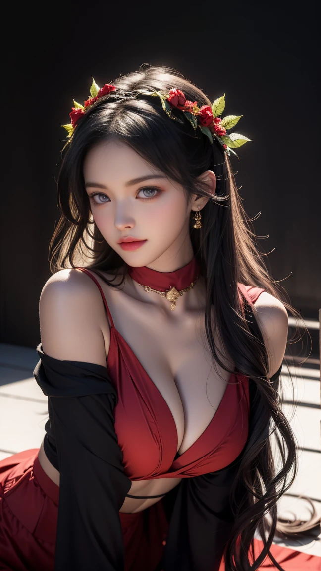 (((medium full shot))), (best quality, ultra-detailed:1.3), (nice hands, perfect hands), official art, cinematic light, (1girl:1.3), adulthot girl, absurdres, wavy hair, (head wreath, leaf clothing, leaf:1.1), secret, red scarf, looking at viewer, leaning forward, black stone, (black rock:1.3), , perfect curves, red ribbon, (black background, simple background:1.2)