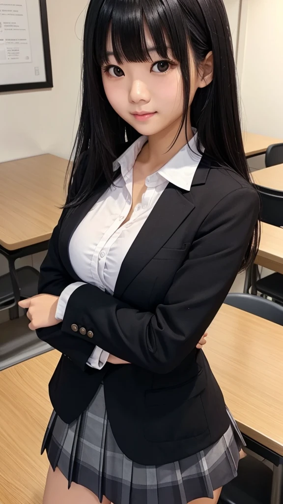 Tabletop、highlight、Asian woman、Black Hair、Heavy bangs、breast enhancement、high school girl、blazer、skirt、Gazing Eyes、Support your chest with your arms、