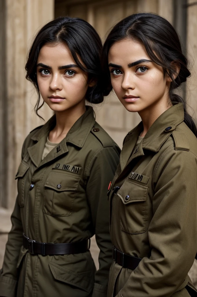 two soldiers of a war, one with shiny black hair, but short with big dark brown eyes and a cute nose and a thin face with the scar on the cheekbone and the other soldier brown hair with pronounced eyebrows big eyes with a gleam of hope and a thin face a little burned 