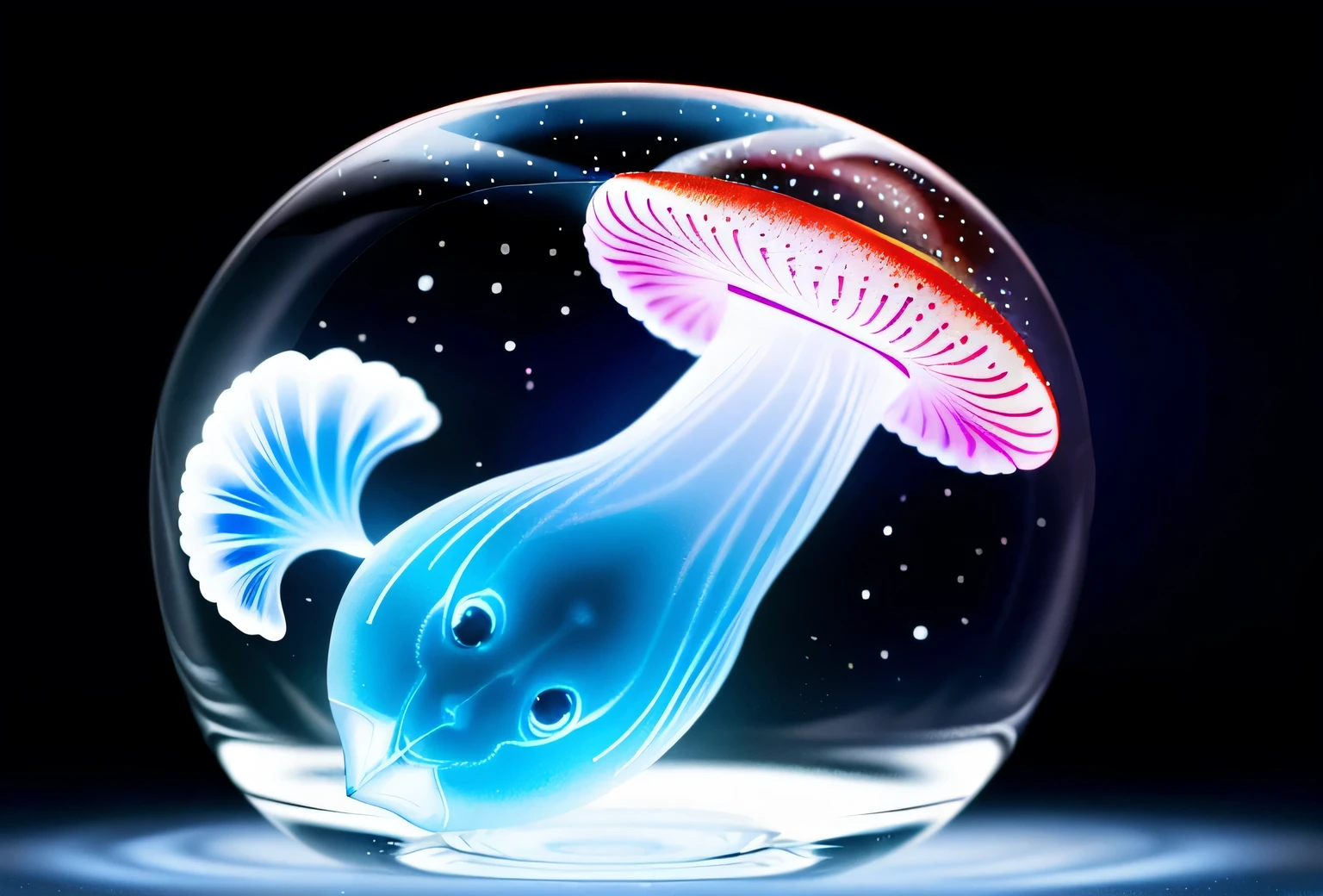 A translucent light blue jellyfish is in a goldfish bowl, fantastic, the background is black with white dots dotted with star-like images, summer, real touch