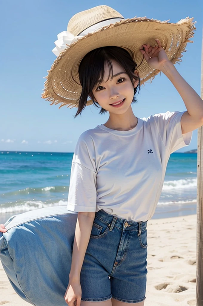 1 japanese woman, short hair, wearing white tunk top, short denim, at beach, cowboy shot, smile