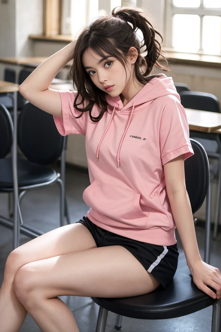 deux femmes ensemble de 18 ans sexy et mince , pink short sleeve hoodie , salle de classe, se touche,position sey,sensuel,visible legs,