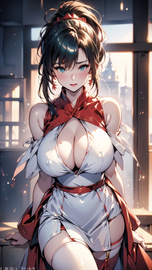 18 year old girl,baby face,dark red short hair,Ponytail hairstyle,Smile,Huge breasts,cleavage,Soaked all over,blush,Green eyes,female spy,Red Venetian Miniskirt,White gloves,White hand sleeves,White boots,Science fiction,future,Inside the fighter hangaghter pilot,A pistol was hung around his waist,Wear earrings on one side only,Lipstick,Off-shoulder white deep V-neck vest,Arms equipped with mecha