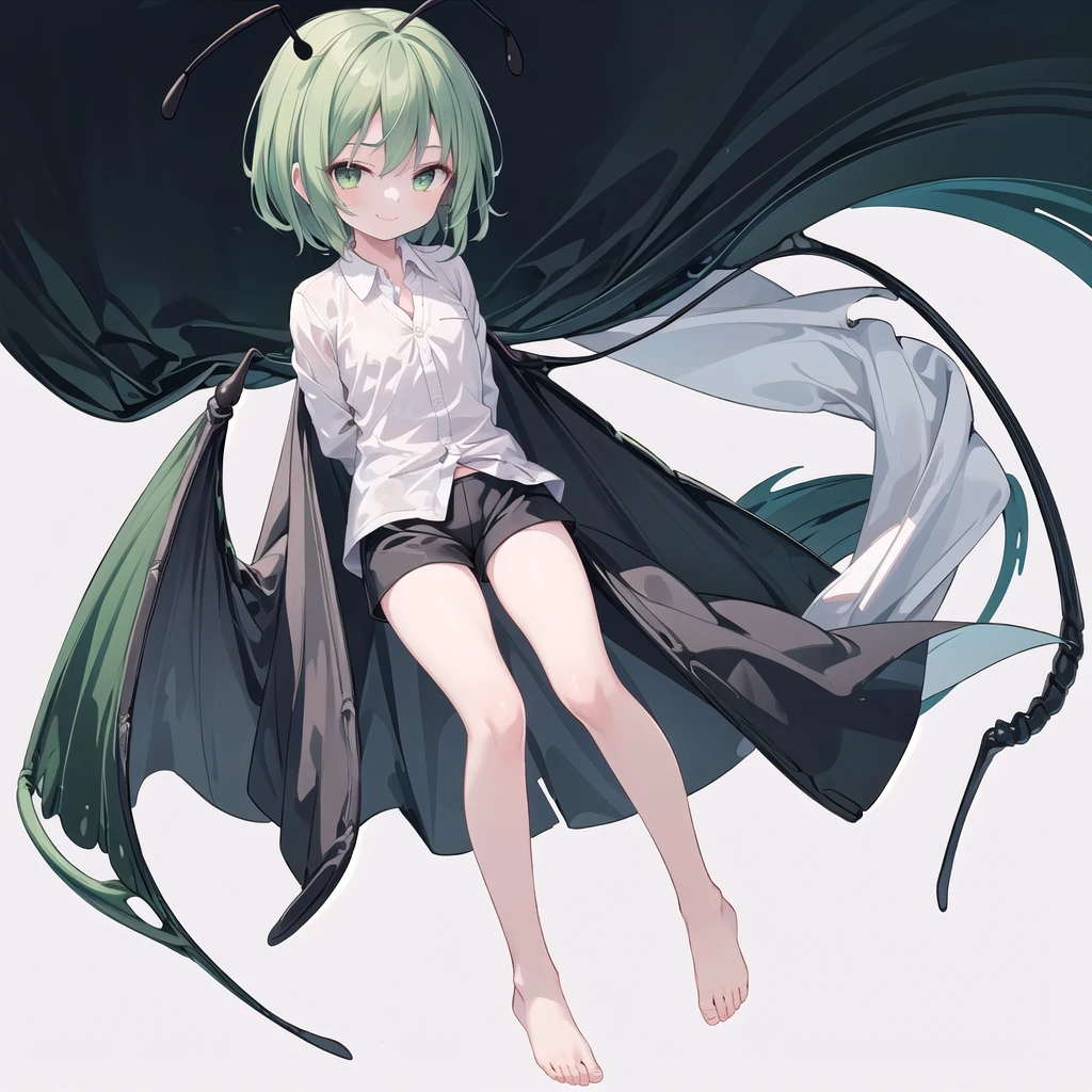 (((one girl))),(((wriggle nightbug))),(touhou),green eyes,antennae,green hair,short hair,swept bangs,white shirt,collared shirt,long sleeves,black shorts,black cape,(((smile))),(((full body))),(((flat chest))),(((arms behind back))),(((knees together feet apart))),(((simple white background))),(((from front)))