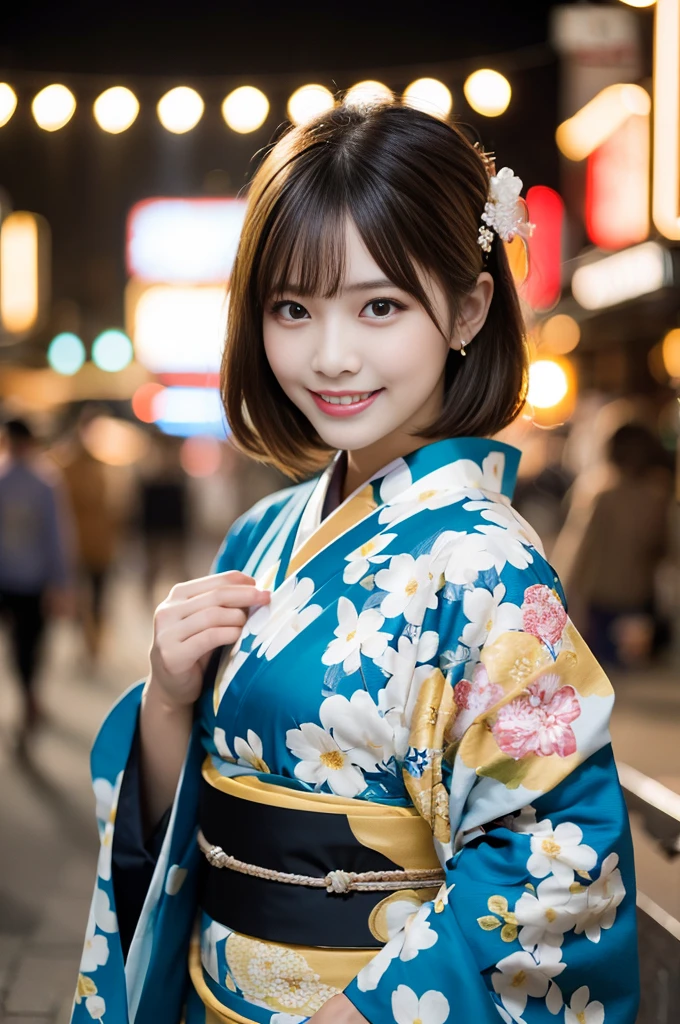 Looking into the camera,(((highest quality, 8K, masterpiece))), Sharp focus, (Beautiful woman with perfect figure), thin, (Hairstyle: Excellent)), ((kimono: Cane)), street: 1.2 Highly detailed face and skin texture Detailed eyes Double eyelid Random pose, (smile),sExcellenter cute Japan person,sExcellenter beauty Japanese girl, Realistic Face, double eyelid,smile,Summer festival , At sunset , Beautiful Teeth , Fireworks Background.