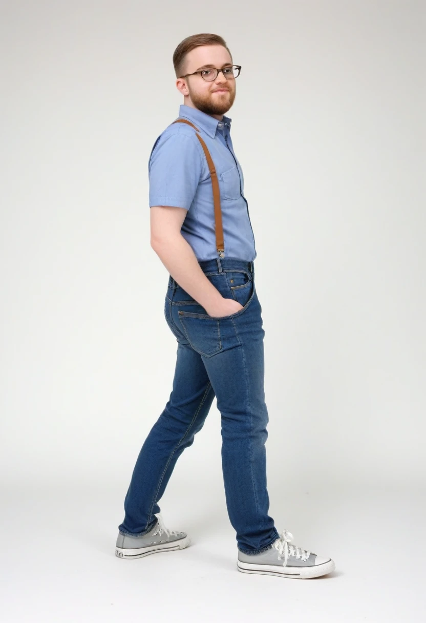 real photo in a photo studio against a white background in full growth standing on his feet nerd hesitant look, Spectacled, suspender, blue shirt, jeans, posing standing backwards, sneakers
