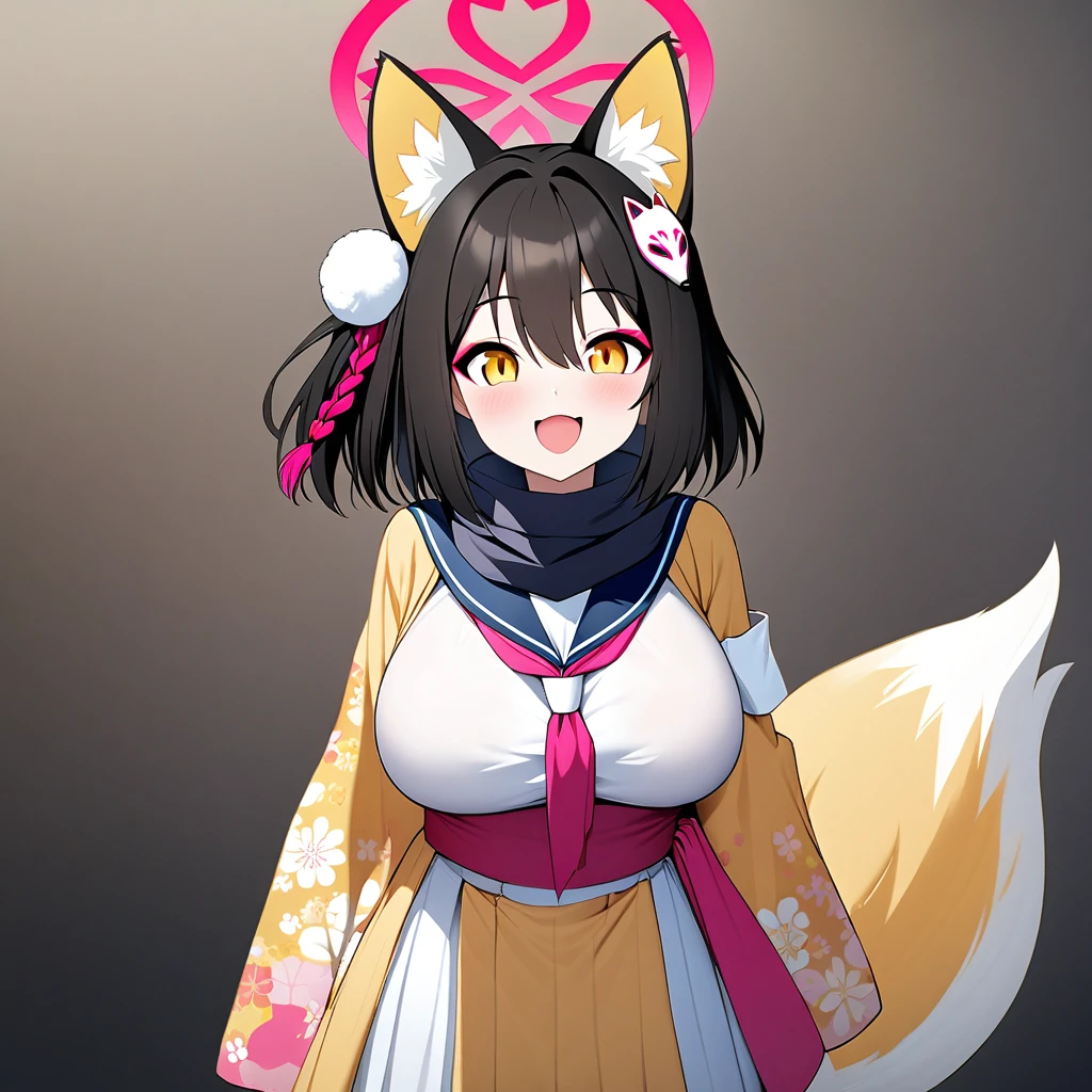 izuna(blue archive),1girl,solo,halo,open mouth,smile,fox ear,one Light brown thick tail,super huge breasts,standing up,near,looking at viewer