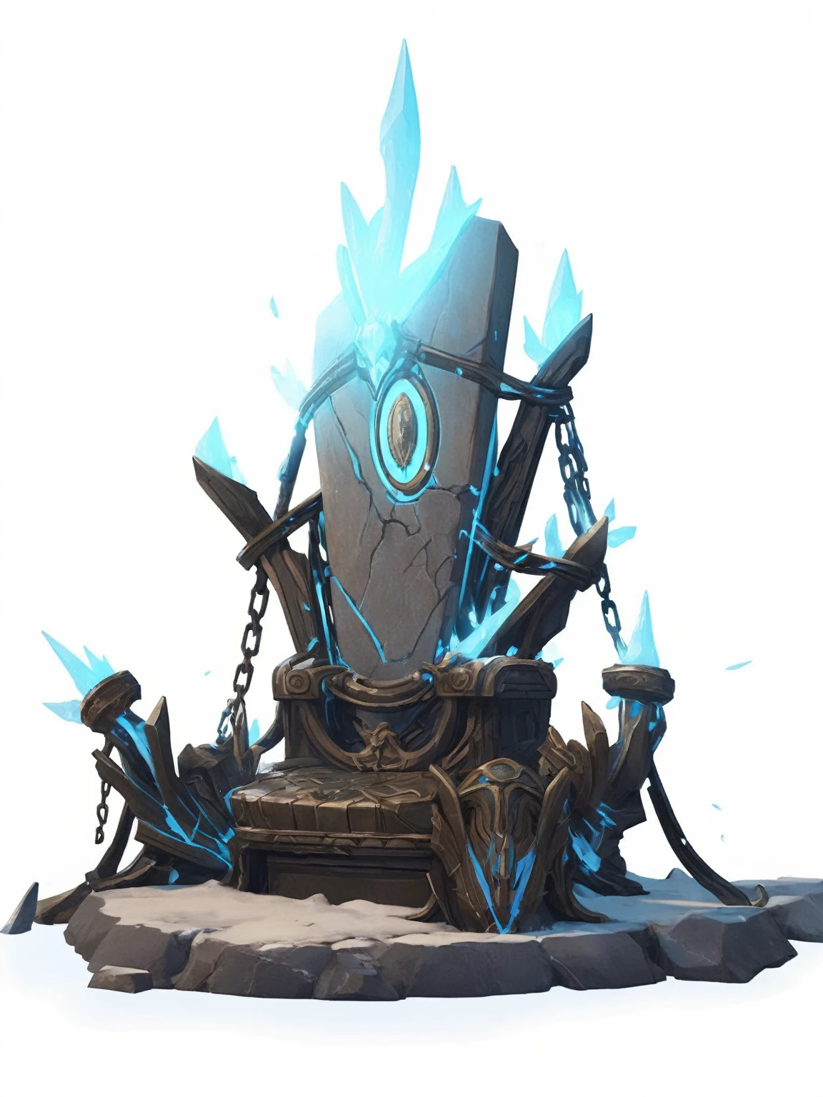 There is a big statue there.,There are many blue lights on it, Glowing throne, Broken Throne, Odin's Stone Arena Background, On the cold throne, Sitting on the obsidian throne, Sitting on the Ice Throne, stylized concept art, The throne of Mount Olympus, Blizzard Hearthstone concept art, Game assets, on a throne of crystals, Game assets occult