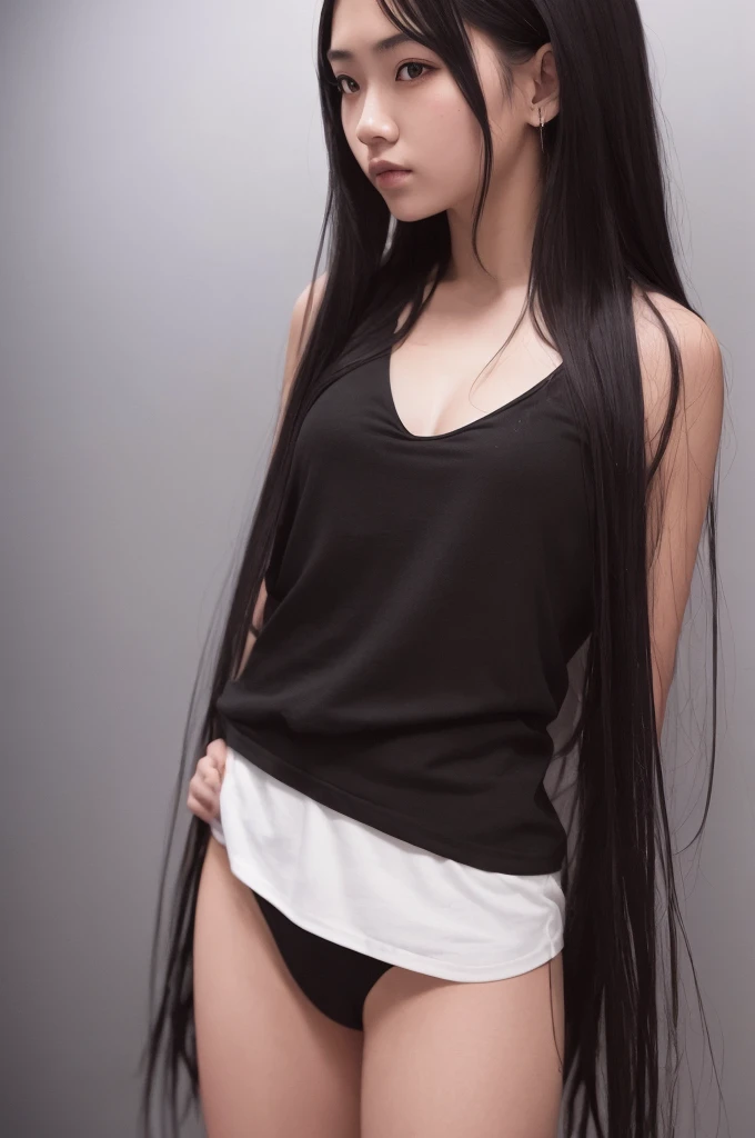 20 year old girl, black tank top, black skirt, long hair, high contrast (Natural skin texture, Hyperrealism, Soft Light, sharp), portrait, standing, kpop